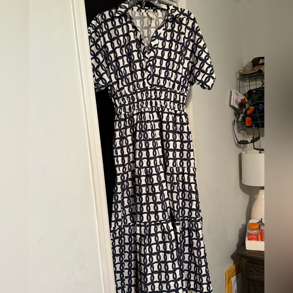 Anthropologie Navy and White Midi Dress